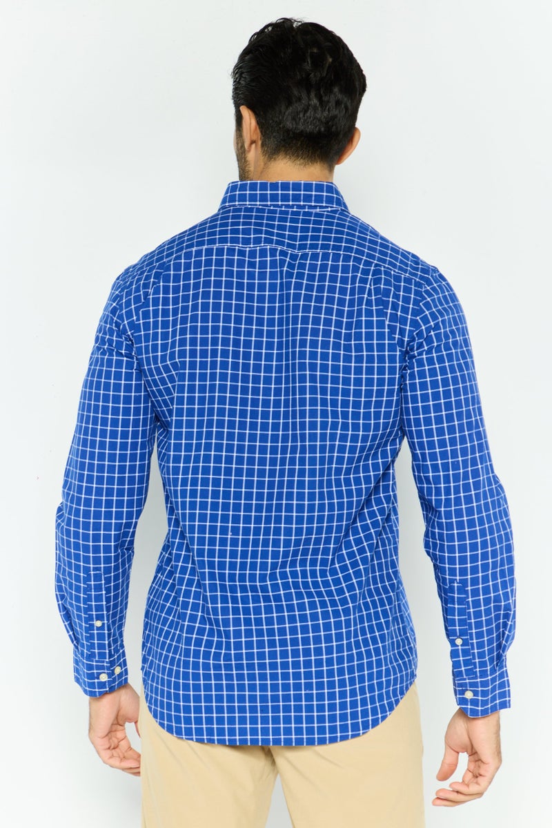 Chaps Men Custom Fit Grid Pattern Long Sleeves Casual Shirt, Blue - Image 4